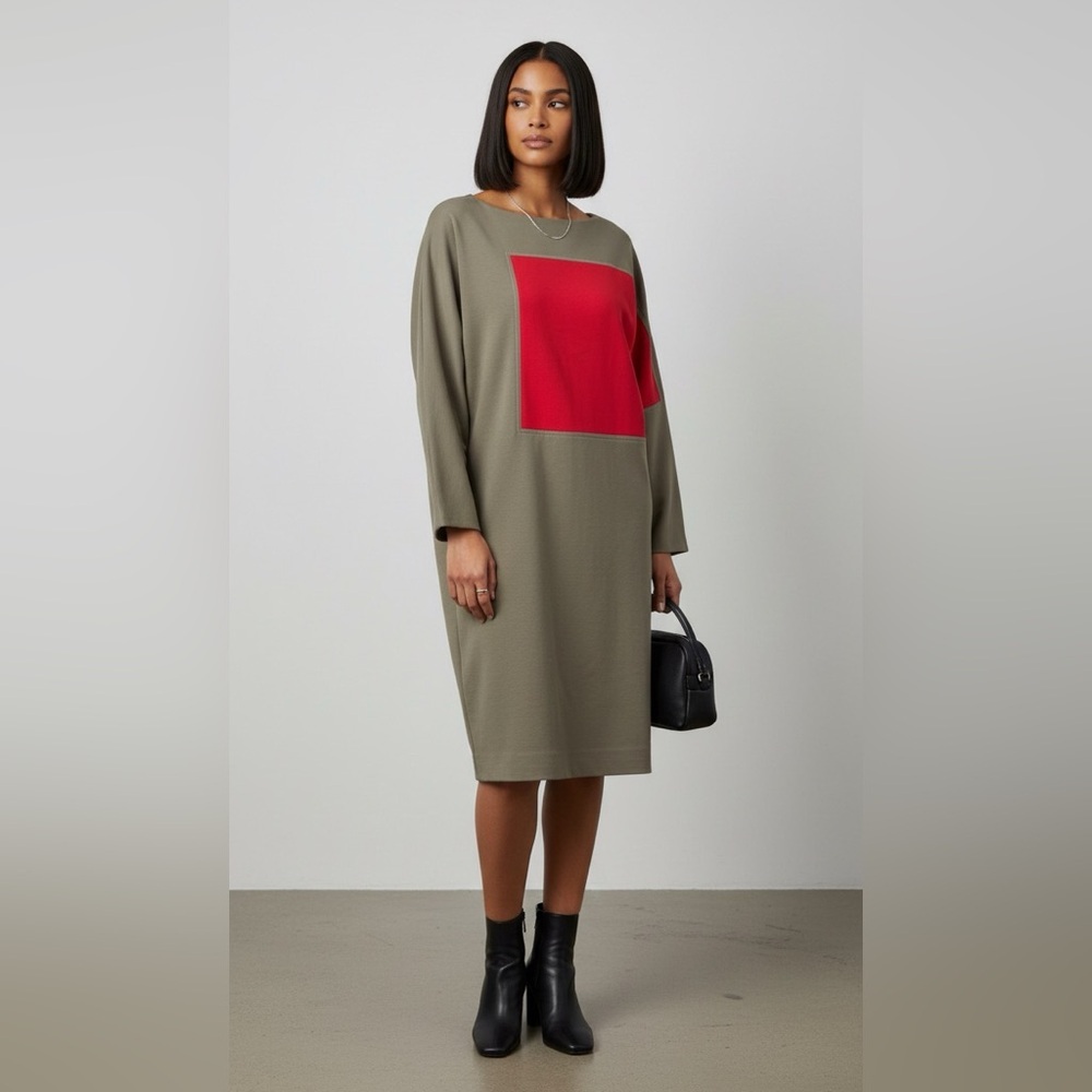 Olive and Red Colorblock Ponte Contemporary Dolman Long Sleeve Midi Dress Size L